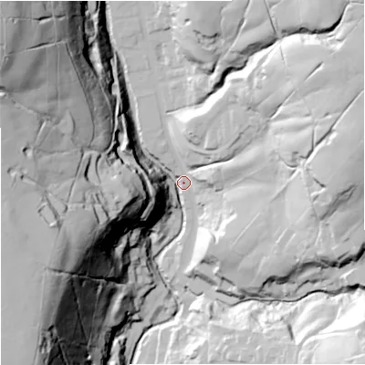 Shaded relief map of the ground around BB49LB, computed from Environment Agency LiDAR. The ground here sits at about 220 m above sea level and falls 106 m across the surrounding 800 m. Surface water reaching this point runs off ground lying to the north-west, 98.6 m higher.
