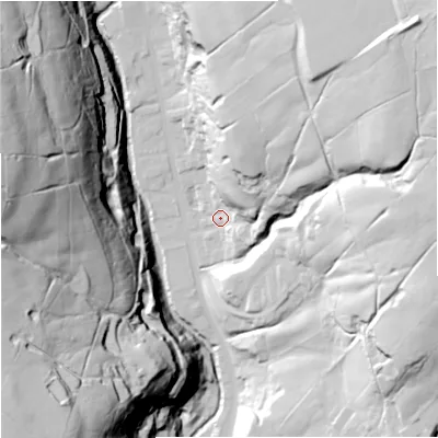 Shaded relief map of the ground around BB49LG, computed from Environment Agency LiDAR. The ground here sits at about 224 m above sea level and falls 101 m across the surrounding 800 m. Surface water reaching this point runs off ground lying to the north-east, 57.0 m higher.