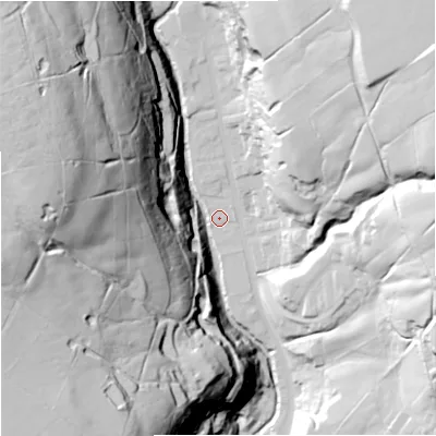 Shaded relief map of the ground around BB49LT, computed from Environment Agency LiDAR. The ground here sits at about 223 m above sea level and falls 106 m across the surrounding 800 m. Surface water reaching this point runs off ground lying to the west-north-west, 98.5 m higher.
