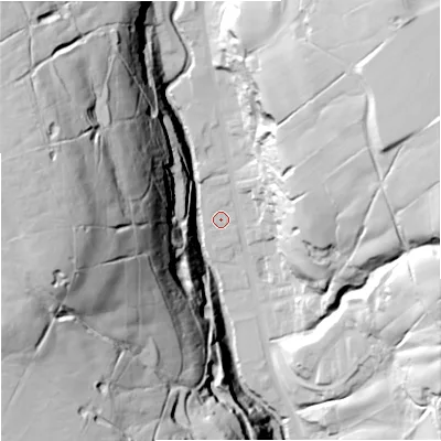 Shaded relief map of the ground around BB49LU, computed from Environment Agency LiDAR. The ground here sits at about 224 m above sea level and falls 105 m across the surrounding 800 m. Surface water reaching this point runs off ground lying to the north, 1.2 m higher.