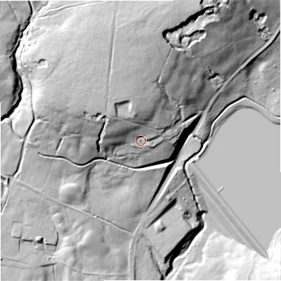 Shaded relief map of the ground around BB49NH, computed from Environment Agency LiDAR. The ground here sits at about 324 m above sea level and falls 82 m across the surrounding 800 m. Surface water reaching this point runs off ground lying to the north-north-west, 21.1 m higher.