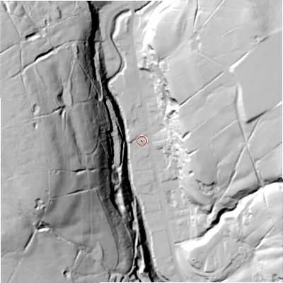 Shaded relief map of the ground around BB49NS, computed from Environment Agency LiDAR. The ground here sits at about 226 m above sea level and falls 103 m across the surrounding 800 m. Surface water reaching this point runs off ground lying to the north-east, 48.8 m higher.