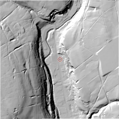 Shaded relief map of the ground around BB49NT, computed from Environment Agency LiDAR. The ground here sits at about 228 m above sea level and falls 99 m across the surrounding 800 m. Surface water reaching this point runs off ground lying to the east-north-east, 46.3 m higher.
