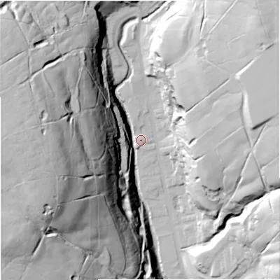 Shaded relief map of the ground around BB49NX, computed from Environment Agency LiDAR. The ground here sits at about 227 m above sea level and falls 102 m across the surrounding 800 m. Surface water reaching this point runs off ground lying to the west, 96.7 m higher.