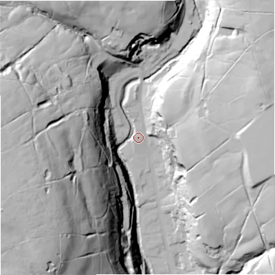 Shaded relief map of the ground around BB49PD, computed from Environment Agency LiDAR. The ground here sits at about 230 m above sea level and falls 100 m across the surrounding 800 m. Surface water reaching this point runs off ground lying to the west-south-west, 93.5 m higher.