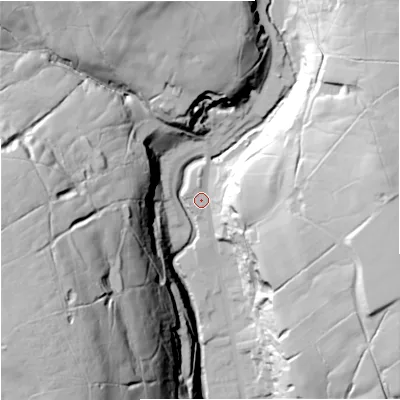 Shaded relief map of the ground around BB49PF, computed from Environment Agency LiDAR. The ground here sits at about 231 m above sea level and falls 99 m across the surrounding 800 m. Surface water reaching this point runs off ground lying to the north-north-west, 44.3 m higher.