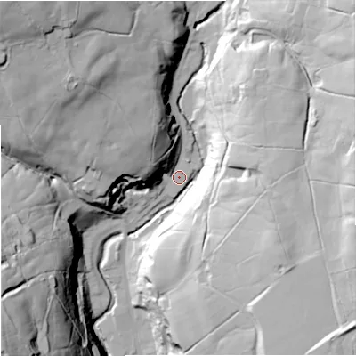 Shaded relief map of the ground around BB49PG, computed from Environment Agency LiDAR. The ground here sits at about 236 m above sea level and falls 84 m across the surrounding 800 m. Surface water reaching this point runs off ground lying to the north-west, 41.2 m higher.