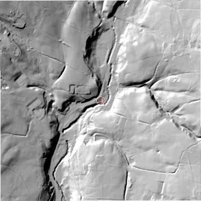 Shaded relief map of the ground around BB49PJ, computed from Environment Agency LiDAR. The ground here sits at about 248 m above sea level and falls 57 m across the surrounding 800 m. Surface water reaching this point runs off ground lying to the east-south-east, 44.4 m higher.