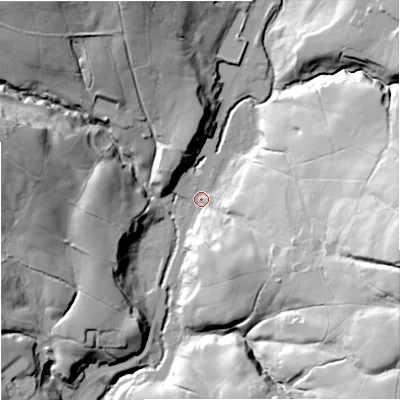 Shaded relief map of the ground around BB49PL, computed from Environment Agency LiDAR. The ground here sits at about 253 m above sea level and falls 62 m across the surrounding 800 m. Surface water reaching this point runs off ground lying to the east-south-east, 51.1 m higher.