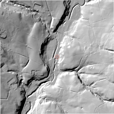 Shaded relief map of the ground around BB49PN, computed from Environment Agency LiDAR. The ground here sits at about 250 m above sea level and falls 58 m across the surrounding 800 m. Surface water reaching this point runs off ground lying to the east, 46.1 m higher.