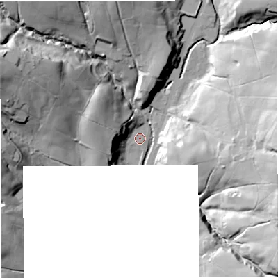 Shaded relief map of the ground around BB49PP, computed from Environment Agency LiDAR. The ground here sits at about 251 m above sea level and falls 43 m across the surrounding 800 m. Surface water reaching this point runs off ground lying to the west-north-west, 20.2 m higher.