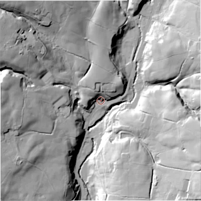 Shaded relief map of the ground around BB49PQ, computed from Environment Agency LiDAR. The ground here sits at about 248 m above sea level and falls 58 m across the surrounding 800 m. Surface water reaching this point runs off ground lying to the north, 19.3 m higher.