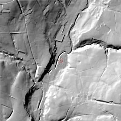 Shaded relief map of the ground around BB49PS, computed from Environment Agency LiDAR. The ground here sits at about 254 m above sea level and falls 60 m across the surrounding 800 m. Surface water reaching this point runs off ground lying to the east-south-east, 55.1 m higher.