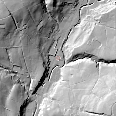 Shaded relief map of the ground around BB49PT, computed from Environment Agency LiDAR. The ground here sits at about 256 m above sea level and falls 60 m across the surrounding 800 m. Surface water reaching this point runs off ground lying to the north-west, 50.4 m higher.