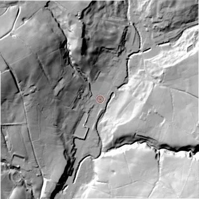 Shaded relief map of the ground around BB49PX, computed from Environment Agency LiDAR. The ground here sits at about 258 m above sea level and falls 55 m across the surrounding 800 m. Surface water reaching this point runs off ground lying to the north-west, 47.1 m higher.