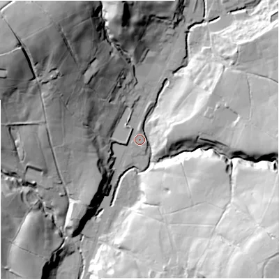 Shaded relief map of the ground around BB49PZ, computed from Environment Agency LiDAR. The ground here sits at about 257 m above sea level and falls 59 m across the surrounding 800 m. Surface water reaching this point runs off ground lying to the north-west, 49.7 m higher.