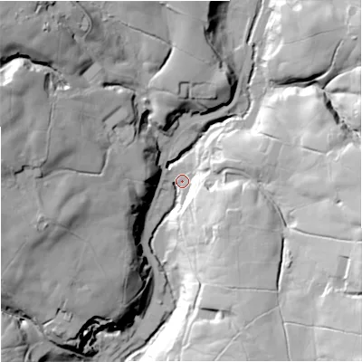 Shaded relief map of the ground around BB49QA, computed from Environment Agency LiDAR. The ground here sits at about 242 m above sea level and falls 59 m across the surrounding 800 m. Surface water reaching this point runs off ground lying to the north-west, 51.5 m higher.