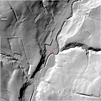 Shaded relief map of the ground around BB49QB, computed from Environment Agency LiDAR. The ground here sits at about 255 m above sea level and falls 60 m across the surrounding 800 m. Surface water reaching this point runs off ground lying to the north-west, 51.1 m higher.