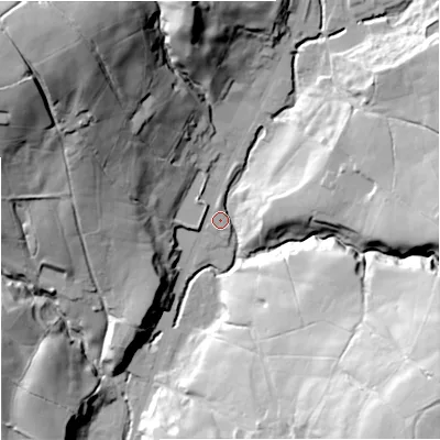 Shaded relief map of the ground around BB49QD, computed from Environment Agency LiDAR. The ground here sits at about 257 m above sea level and falls 59 m across the surrounding 800 m. Surface water reaching this point runs off ground lying to the north-west, 49.6 m higher.