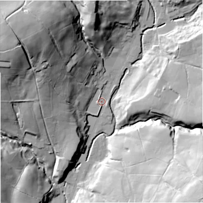 Shaded relief map of the ground around BB49QF, computed from Environment Agency LiDAR. The ground here sits at about 257 m above sea level and falls 58 m across the surrounding 800 m. Surface water reaching this point runs off ground lying to the north-west, 49.5 m higher.