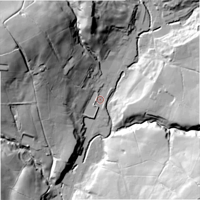 Shaded relief map of the ground around BB49QG, computed from Environment Agency LiDAR. The ground here sits at about 257 m above sea level and falls 58 m across the surrounding 800 m. Surface water reaching this point runs off ground lying to the north-west, 48.5 m higher.