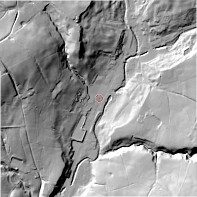 Shaded relief map of the ground around BB49QN, computed from Environment Agency LiDAR. The ground here sits at about 259 m above sea level and falls 55 m across the surrounding 800 m. Surface water reaching this point runs off ground lying to the north-west, 46.8 m higher.
