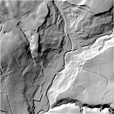 Shaded relief map of the ground around BB49QP, computed from Environment Agency LiDAR. The ground here sits at about 262 m above sea level and falls 53 m across the surrounding 800 m. Surface water reaching this point runs off ground lying to the north-west, 32.1 m higher.