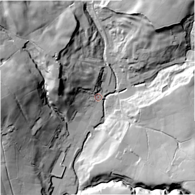 Shaded relief map of the ground around BB49QR, computed from Environment Agency LiDAR. The ground here sits at about 262 m above sea level and falls 53 m across the surrounding 800 m. Surface water reaching this point runs off ground lying to the north-west, 33.9 m higher.
