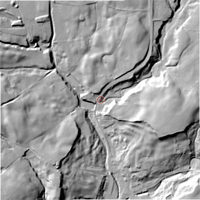 Shaded relief map of the ground around BB49QS, computed from Environment Agency LiDAR. The ground here sits at about 272 m above sea level and falls 45 m across the surrounding 800 m. Surface water reaching this point runs off ground lying to the north-north-east, 25.8 m higher.