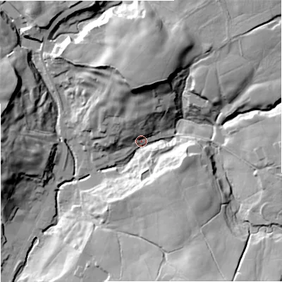 Shaded relief map of the ground around BB49RA, computed from Environment Agency LiDAR. The ground here sits at about 267 m above sea level and falls 44 m across the surrounding 800 m. Surface water reaching this point runs off ground lying to the north-east, 32.8 m higher.