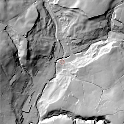 Shaded relief map of the ground around BB49RE, computed from Environment Agency LiDAR. The ground here sits at about 262 m above sea level and falls 50 m across the surrounding 800 m. Surface water reaching this point runs off ground lying to the north-north-east, 35.1 m higher.
