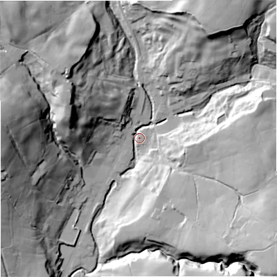 Shaded relief map of the ground around BB49RG, computed from Environment Agency LiDAR. The ground here sits at about 261 m above sea level and falls 52 m across the surrounding 800 m. Surface water reaching this point runs off ground lying to the north-west, 36.0 m higher.