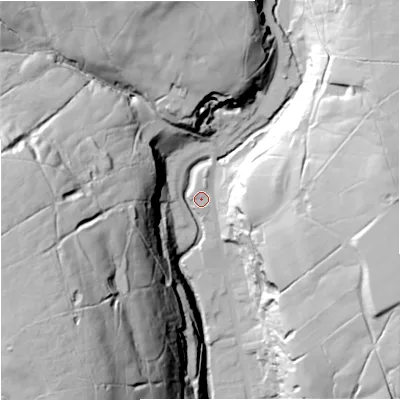 Shaded relief map of the ground around BB49RL, computed from Environment Agency LiDAR. The ground here sits at about 231 m above sea level and falls 99 m across the surrounding 800 m. Surface water reaching this point runs off ground lying to the west-south-west, 89.1 m higher.