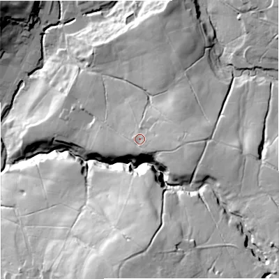 Shaded relief map of the ground around BB49RX, computed from Environment Agency LiDAR. The ground here sits at about 286 m above sea level and falls 57 m across the surrounding 800 m. Surface water reaching this point runs off ground lying to the east-south-east, 7.6 m higher.