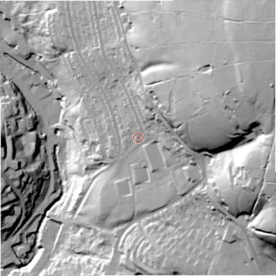 Shaded relief map of the ground around BB49TF, computed from Environment Agency LiDAR. The ground here sits at about 238 m above sea level and falls 102 m across the surrounding 800 m. Surface water reaching this point runs off ground lying to the east-north-east, 57.4 m higher.