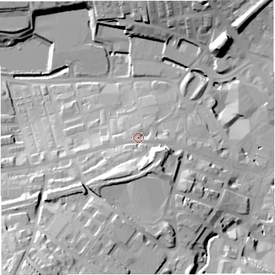 Shaded relief map of the ground around BB50AD, computed from Environment Agency LiDAR. The ground here sits at about 137 m above sea level and falls 41 m across the surrounding 800 m. Surface water reaching this point runs off ground lying to the south, 4.9 m higher.