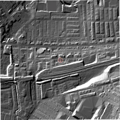 Shaded relief map of the ground around BB50BA, computed from Environment Agency LiDAR. The ground here sits at about 134 m above sea level and falls 58 m across the surrounding 800 m. Surface water reaching this point runs off ground lying to the east-south-east, 8.9 m higher.