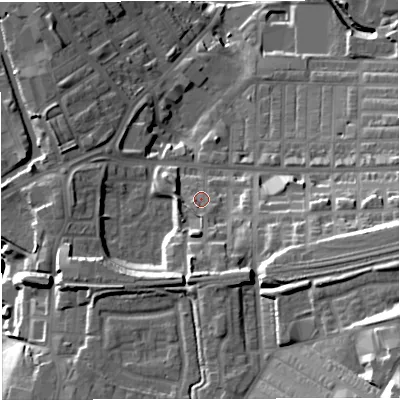 Shaded relief map of the ground around BB50BT, computed from Environment Agency LiDAR. The ground here sits at about 129 m above sea level and falls 45 m across the surrounding 800 m. Surface water reaching this point runs off ground lying to the south, 5.9 m higher.