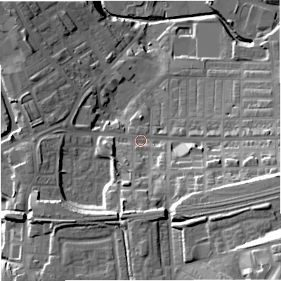Shaded relief map of the ground around BB50DB, computed from Environment Agency LiDAR. The ground here sits at about 126 m above sea level and falls 43 m across the surrounding 800 m. Surface water reaching this point runs off ground lying to the south-east, 27.1 m higher.