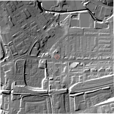 Shaded relief map of the ground around BB50DE, computed from Environment Agency LiDAR. The ground here sits at about 126 m above sea level and falls 42 m across the surrounding 800 m. Surface water reaching this point runs off ground lying to the south, 7.7 m higher.