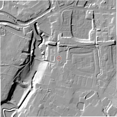 Shaded relief map of the ground around BB50DN, computed from Environment Agency LiDAR. The ground here sits at about 133 m above sea level and falls 30 m across the surrounding 800 m. Surface water reaching this point runs off ground lying to the south-south-west, 11.0 m higher.