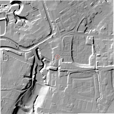Shaded relief map of the ground around BB50DP, computed from Environment Agency LiDAR. The ground here sits at about 131 m above sea level and falls 33 m across the surrounding 800 m. Surface water reaching this point runs off ground lying to the east-south-east, 5.1 m higher.