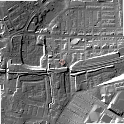 Shaded relief map of the ground around BB50DT, computed from Environment Agency LiDAR. The ground here sits at about 133 m above sea level and falls 42 m across the surrounding 800 m. Surface water reaching this point runs off ground lying to the south-south-east, 6.4 m higher.
