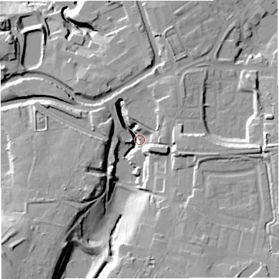 Shaded relief map of the ground around BB50DX, computed from Environment Agency LiDAR. The ground here sits at about 124 m above sea level and falls 33 m across the surrounding 800 m. Surface water reaching this point runs off ground lying to the south-west, 25.4 m higher.