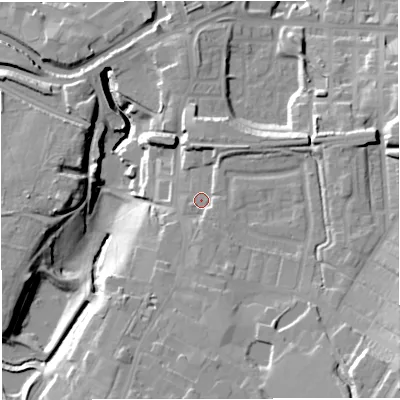 Shaded relief map of the ground around BB50DZ, computed from Environment Agency LiDAR. The ground here sits at about 134 m above sea level and falls 32 m across the surrounding 800 m. Surface water reaching this point runs off ground lying to the south, 3.0 m higher.