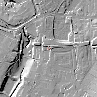 Shaded relief map of the ground around BB50EG, computed from Environment Agency LiDAR. The ground here sits at about 134 m above sea level and falls 34 m across the surrounding 800 m. Surface water reaching this point runs off ground lying to the south-east, 14.0 m higher.