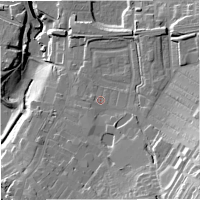Shaded relief map of the ground around BB50EP, computed from Environment Agency LiDAR. The ground here sits at about 137 m above sea level and falls 50 m across the surrounding 800 m. Surface water reaching this point runs off ground lying to the south-south-west, 3.5 m higher.