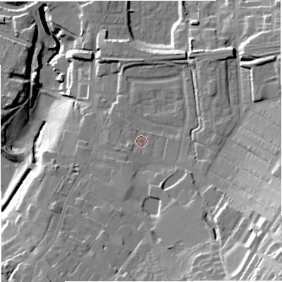 Shaded relief map of the ground around BB50ES, computed from Environment Agency LiDAR. The ground here sits at about 136 m above sea level and falls 49 m across the surrounding 800 m. Surface water reaching this point runs off ground lying to the south-east, 31.8 m higher.