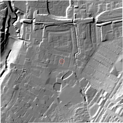 Shaded relief map of the ground around BB50ET, computed from Environment Agency LiDAR. The ground here sits at about 136 m above sea level and falls 56 m across the surrounding 800 m. Surface water reaching this point runs off ground lying to the south-east, 38.3 m higher.