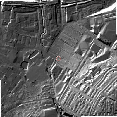 Shaded relief map of the ground around BB50EX, computed from Environment Agency LiDAR. The ground here sits at about 141 m above sea level and falls 64 m across the surrounding 800 m. Surface water reaching this point runs off ground lying to the south-east, 53.3 m higher.